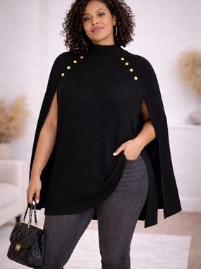 G.I.L.I. Black Poncho Sweater XL/1X Gold Button Mock Neck Ribbed Split Sides